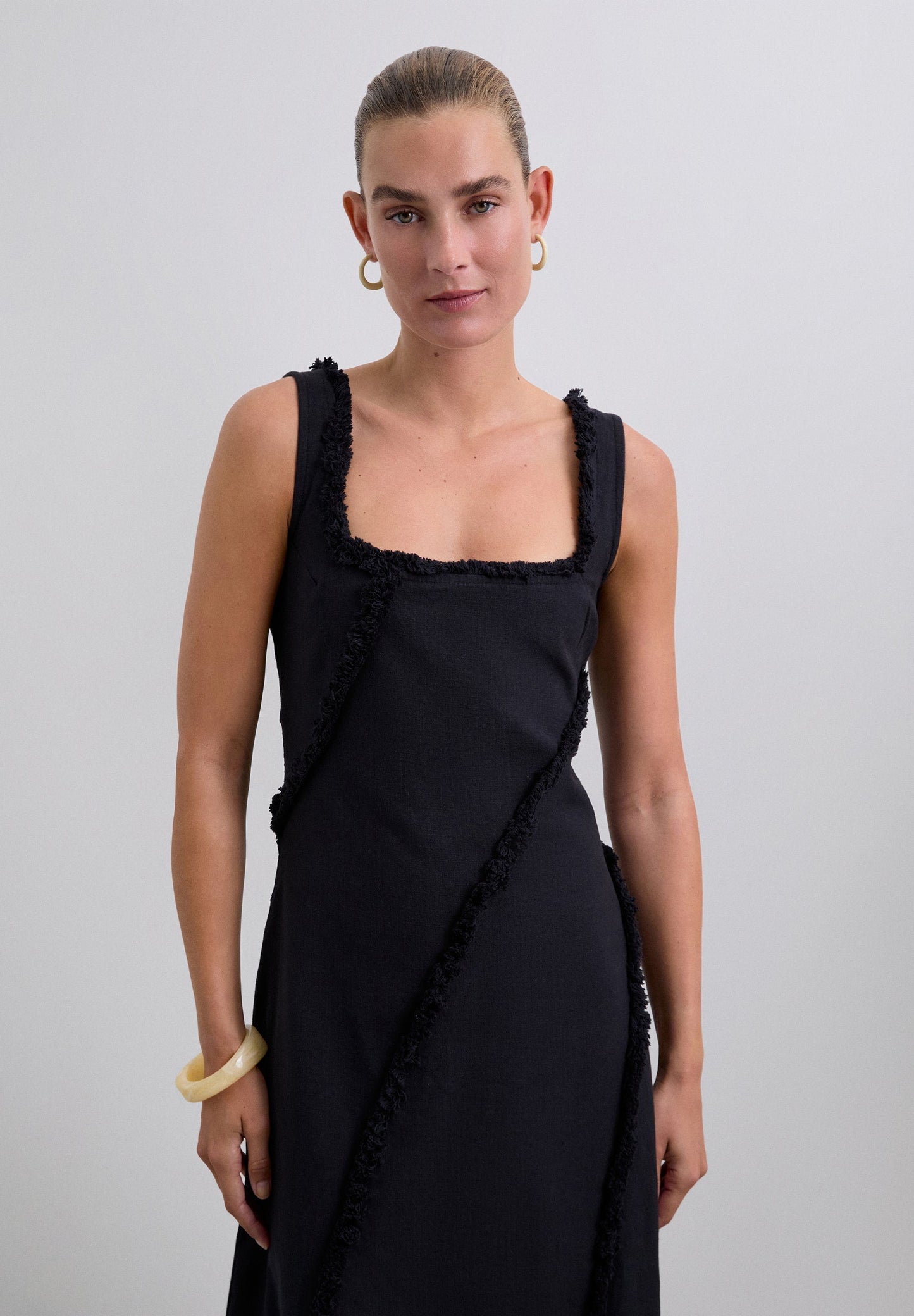 FRINGED DRESS WITH TOPSTITCHING