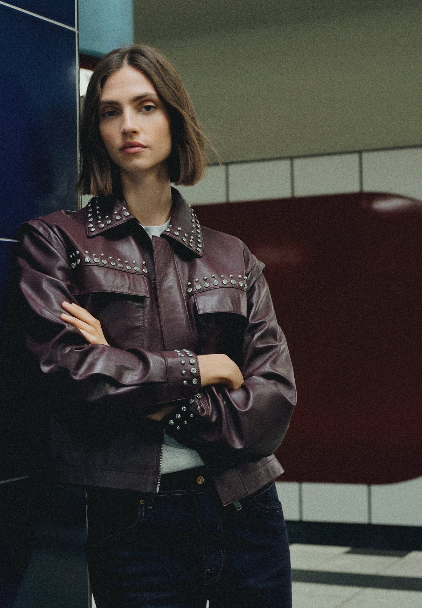 BURGUNDY LEATHER STUDDED JACKET