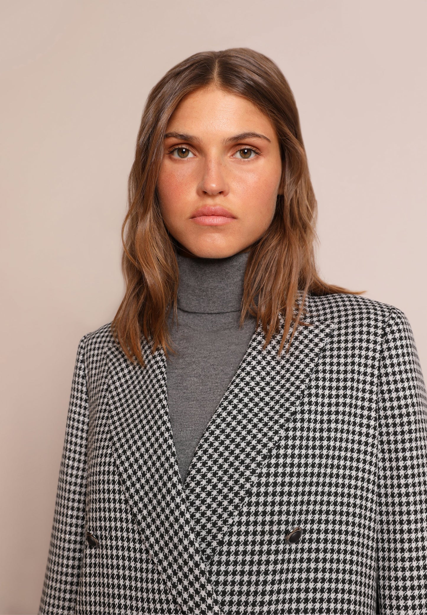 DOUBLE-BREASTED BLAZER WITH METALLIC CHECK PRINT