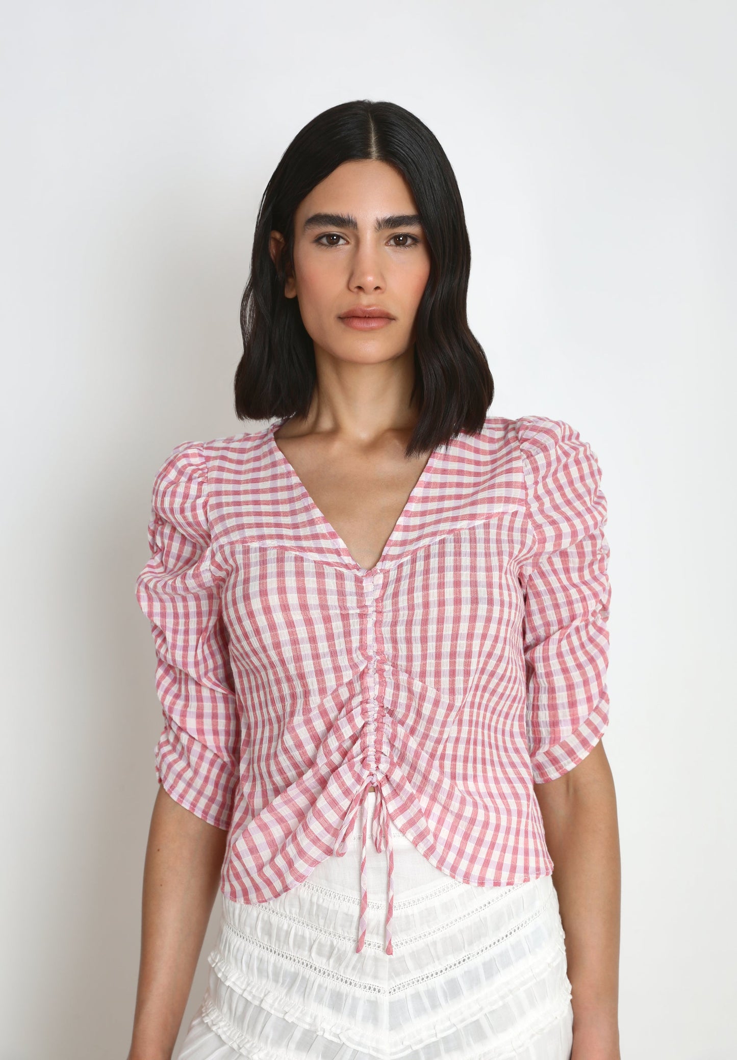 GINGHAM BLOUSE WITH RUCHED SLEEVES
