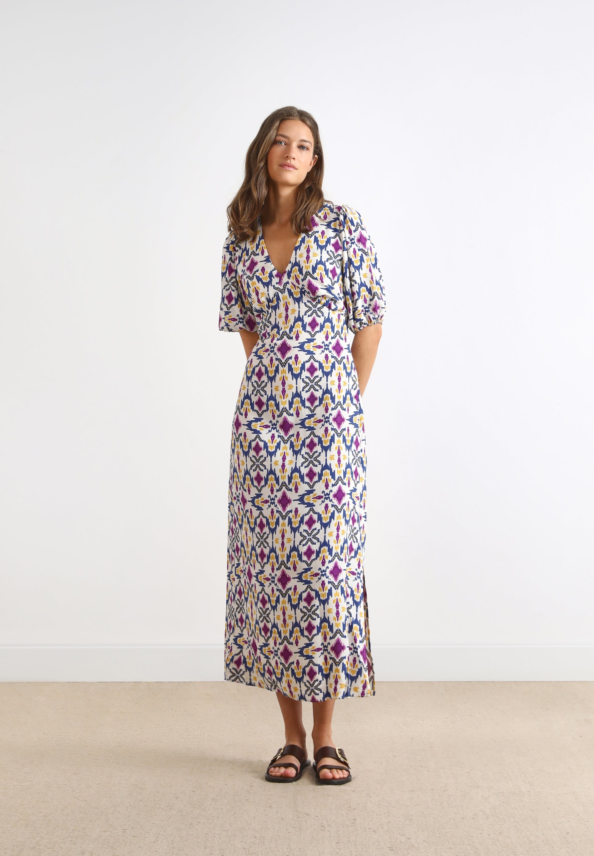 PRINTED MIDI DRESS WITH BACK VENT