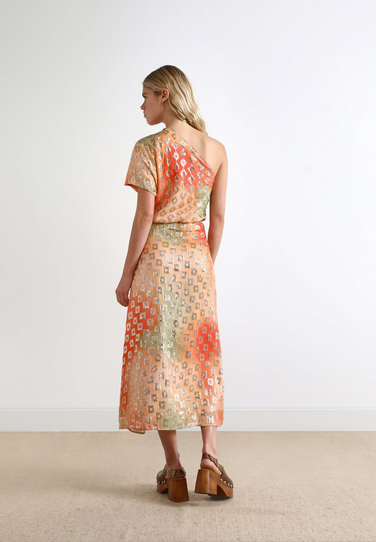 PRINTED METALLIC ASYMMETRIC DRESS