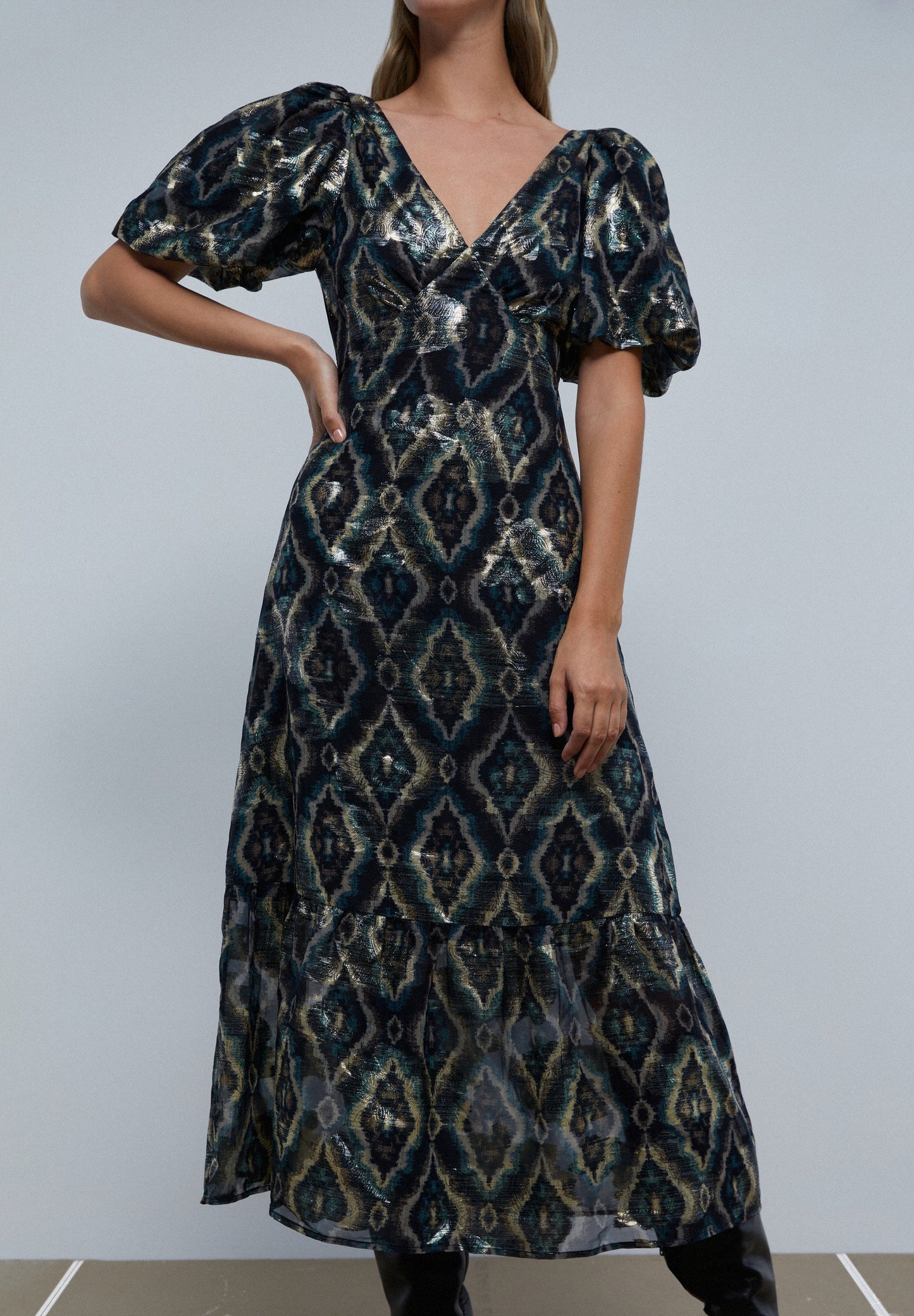MIDI DRESS WITH PUFF SLEEVES
