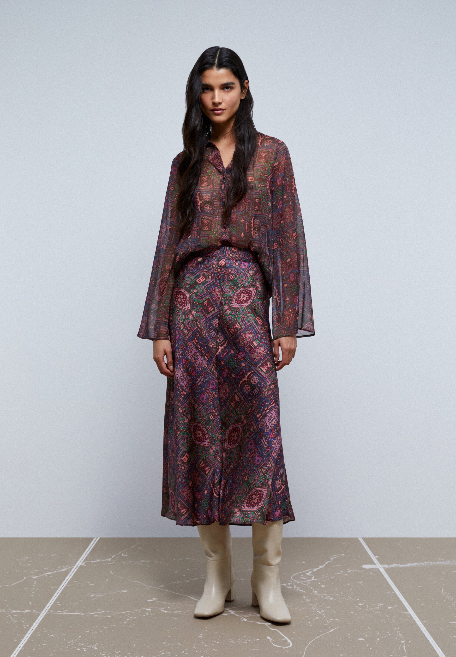 ETHNIC PRINT MIDI SKIRT