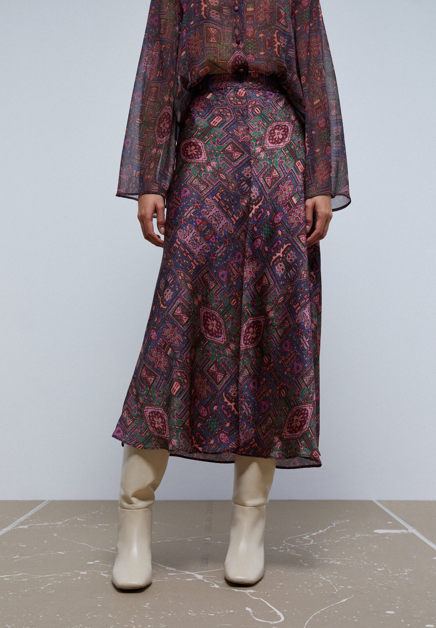 ETHNIC PRINT MIDI SKIRT