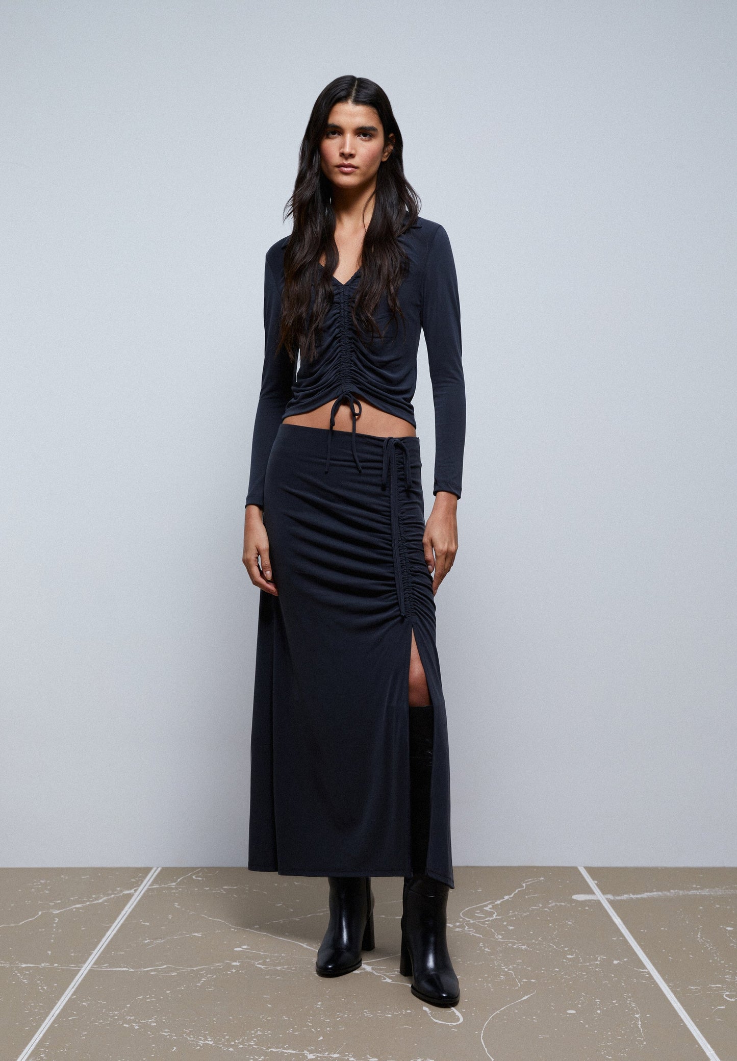 SIDE RUCHING MIDI SKIRT