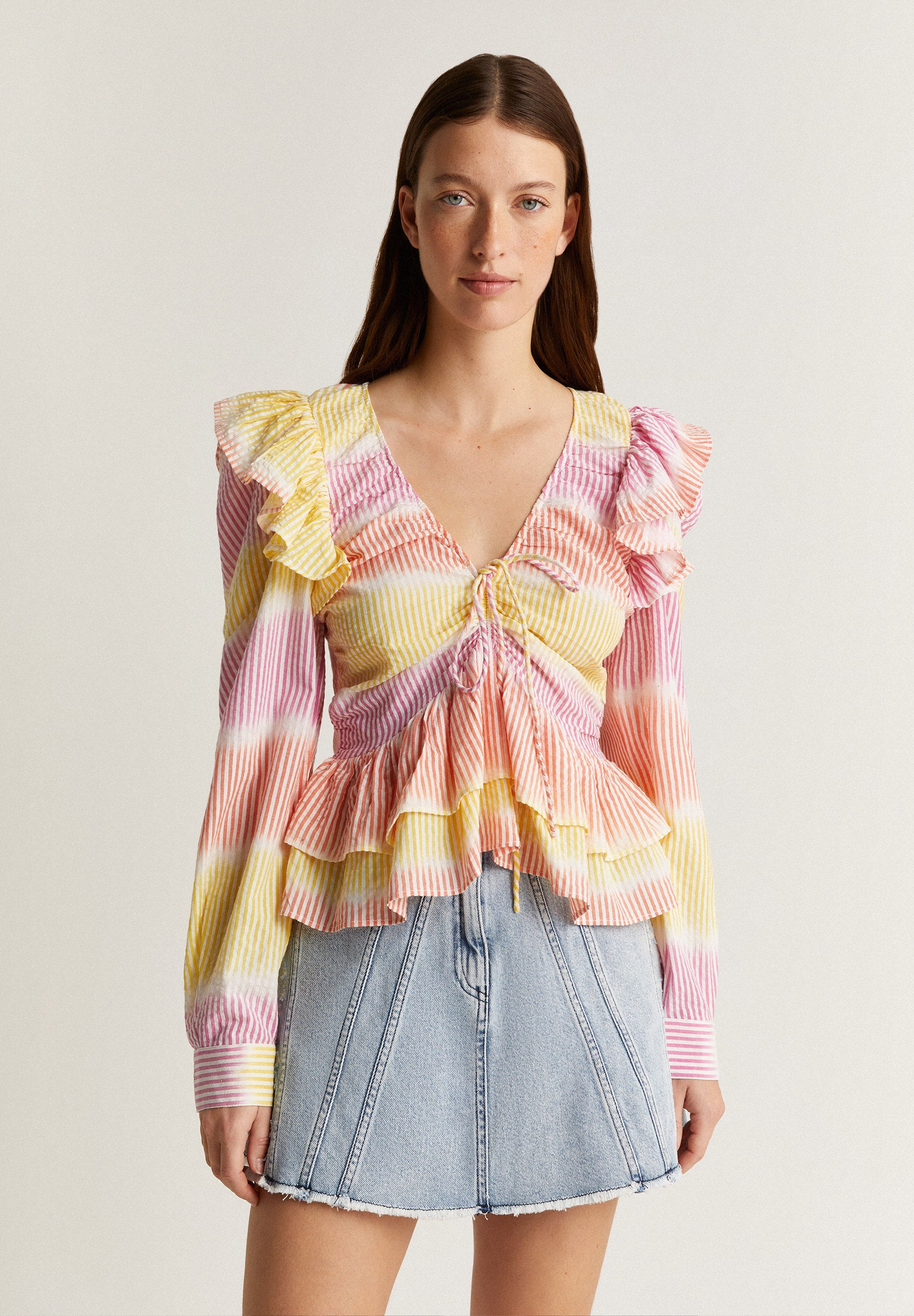 RUCHED MULTICOLOURED STRIPED BLOUSE