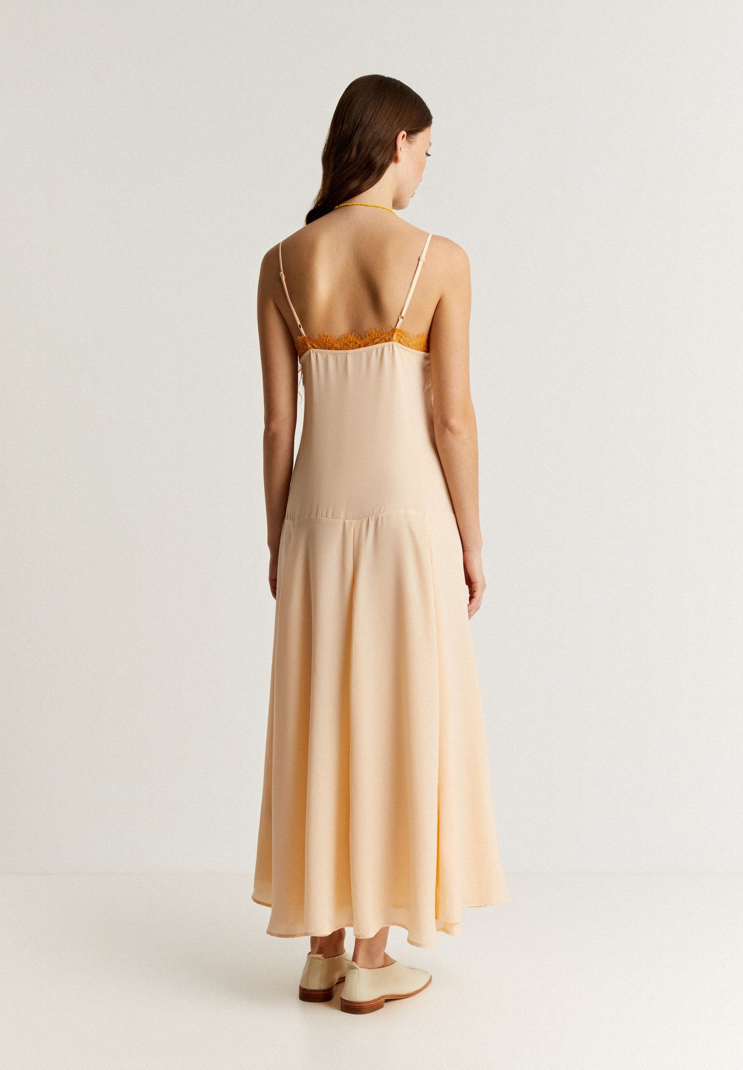 LACE-TRIMMED MIDI SATIN DRESS