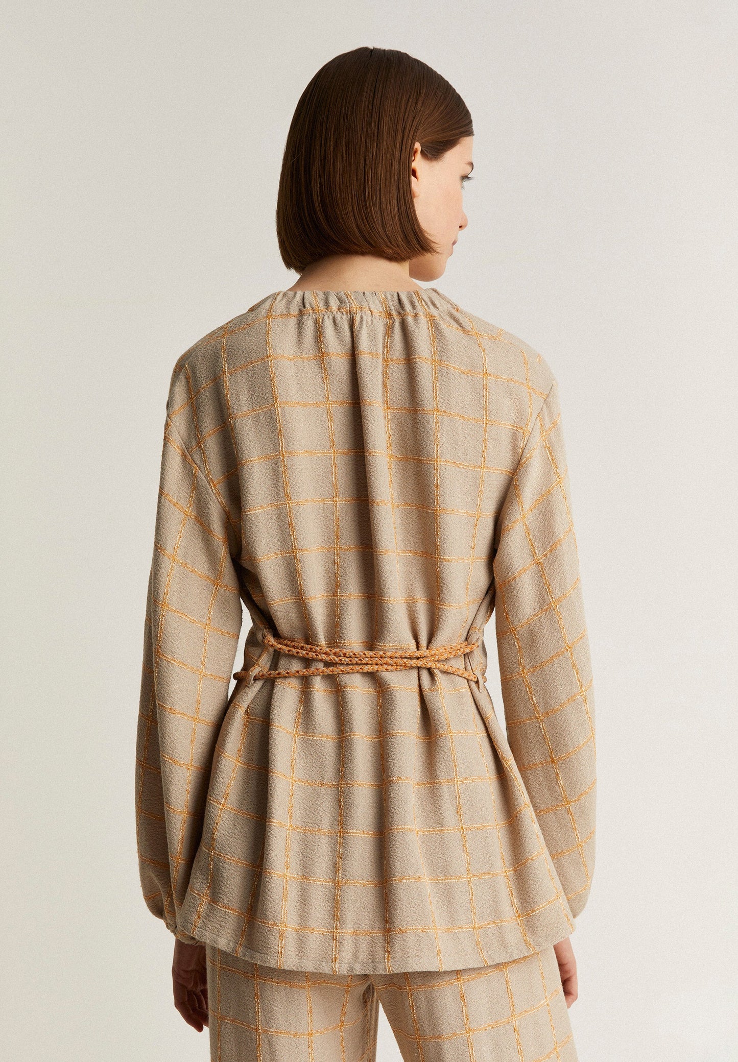 CHECK BLAZER WITH DRAWSTRING DETAIL