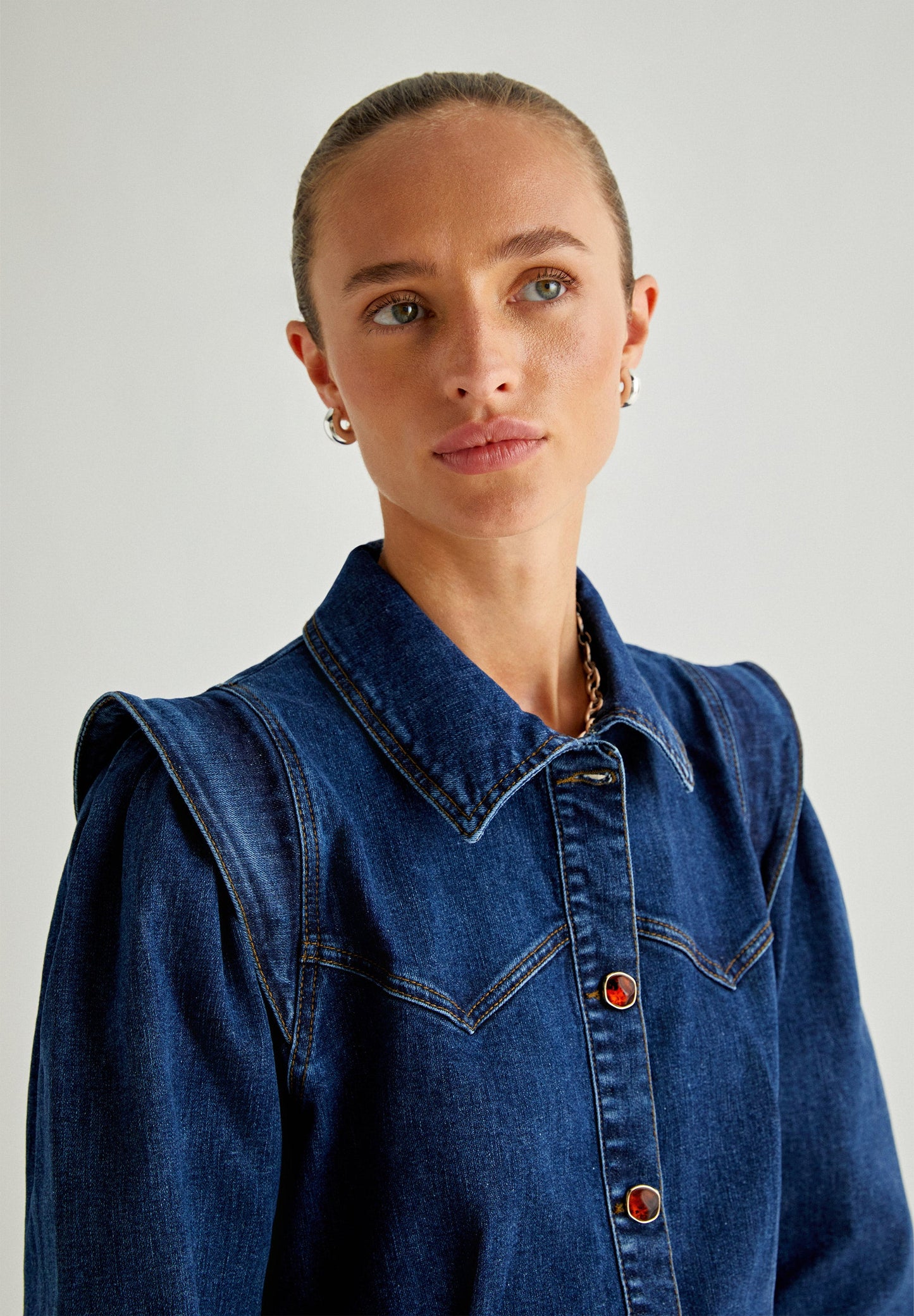 DENIM SHIRT WITH PUFFED SLEEVES