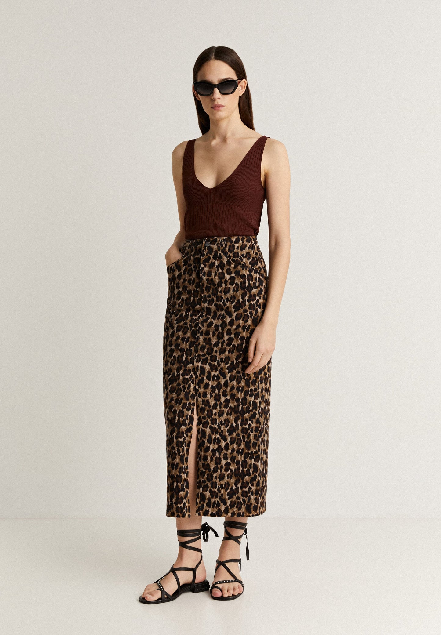 LEOPARD DENIM MIDI SKIRT