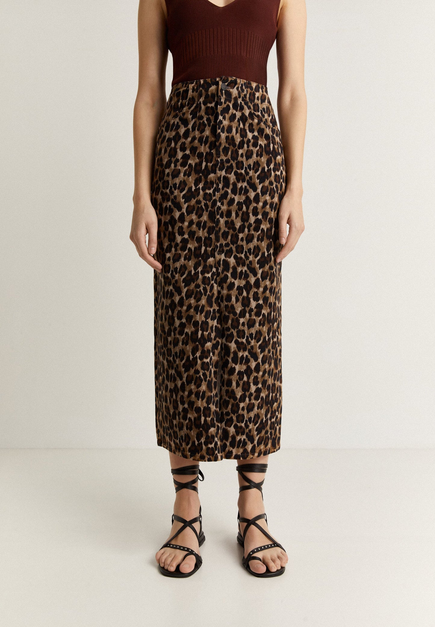LEOPARD DENIM MIDI SKIRT