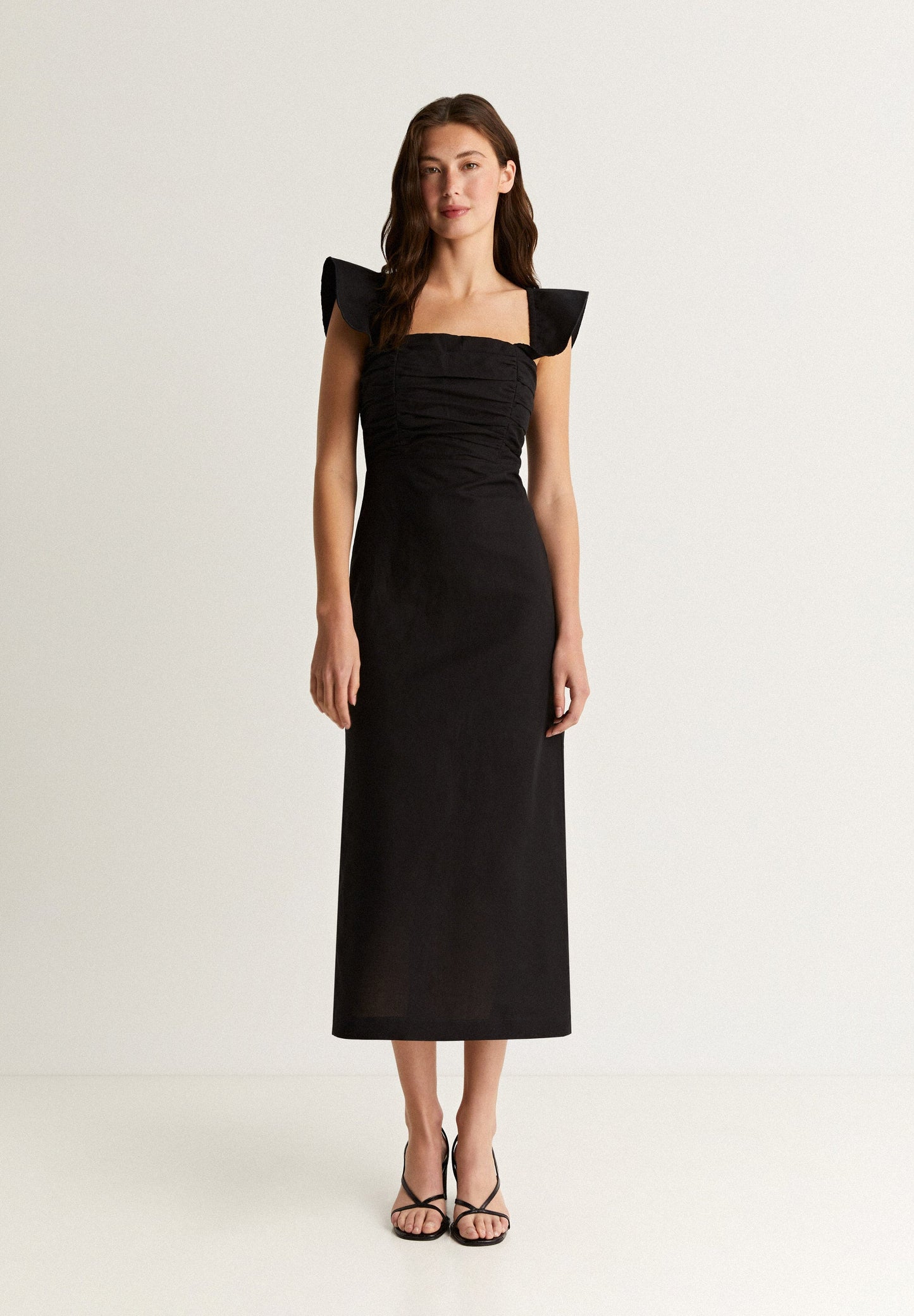 LINEN MIDI DRESS WITH DRAPED CHEST