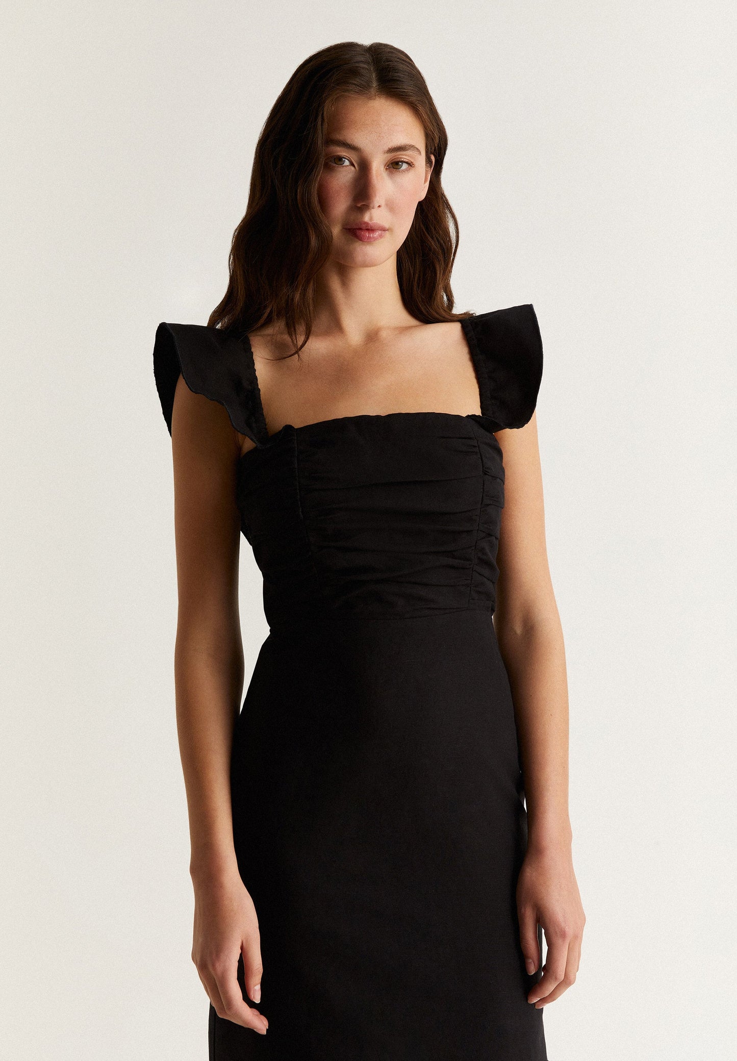 LINEN MIDI DRESS WITH DRAPED CHEST