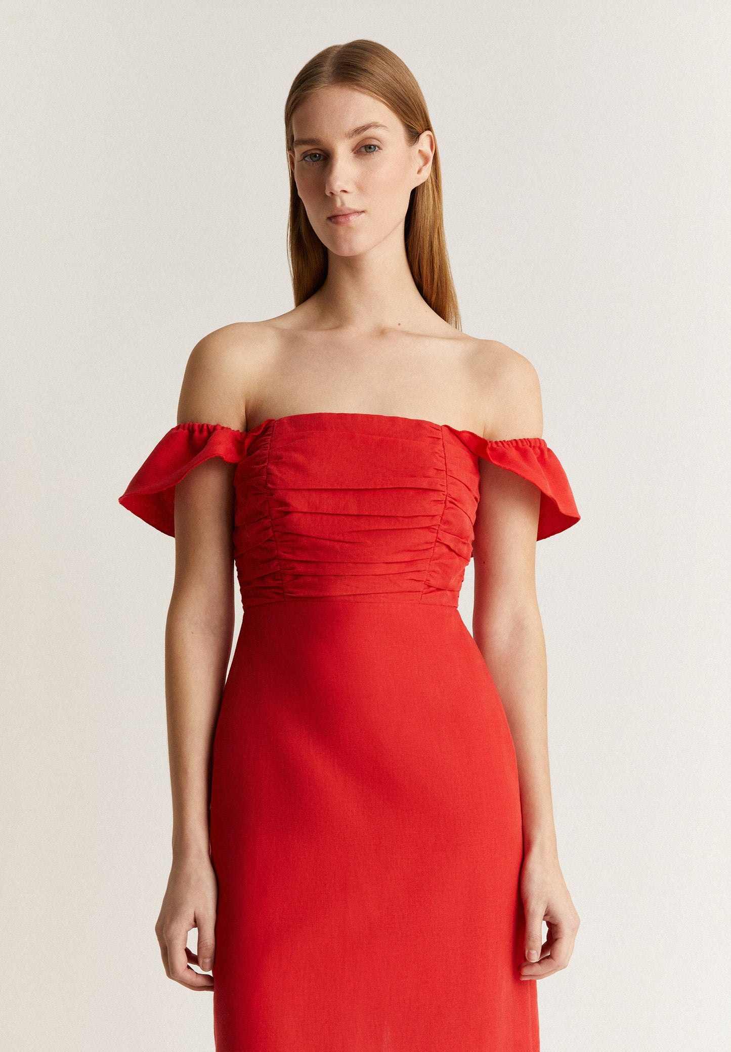 LINEN MIDI DRESS WITH DRAPED CHEST