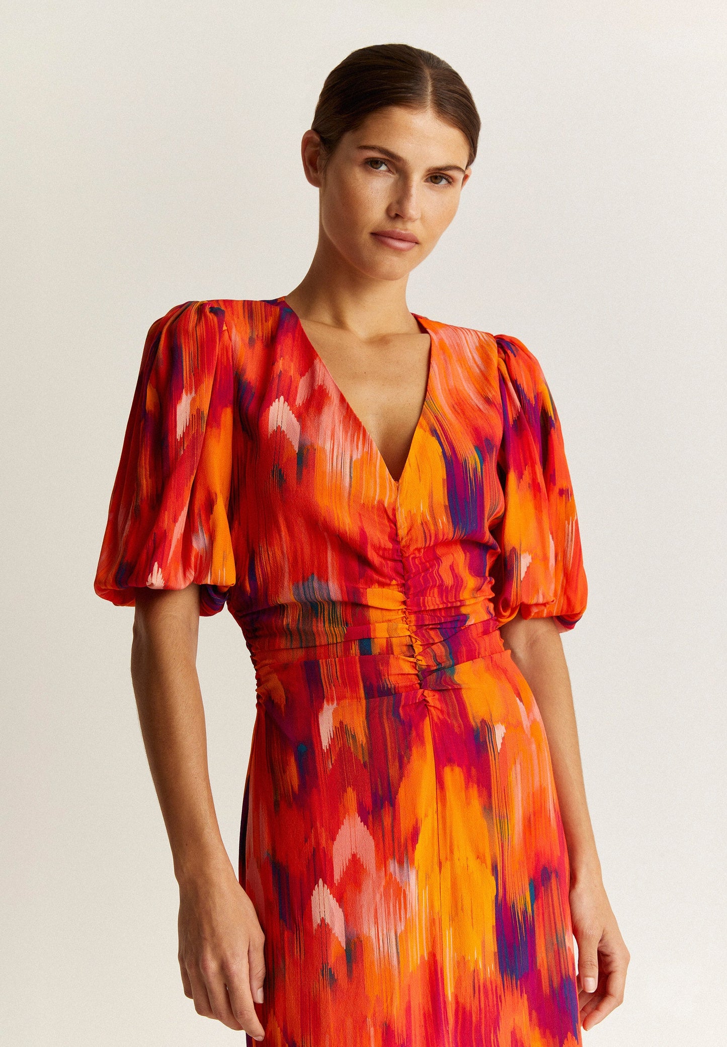 PRINTED DRESS WITH FRONT GATHERING
