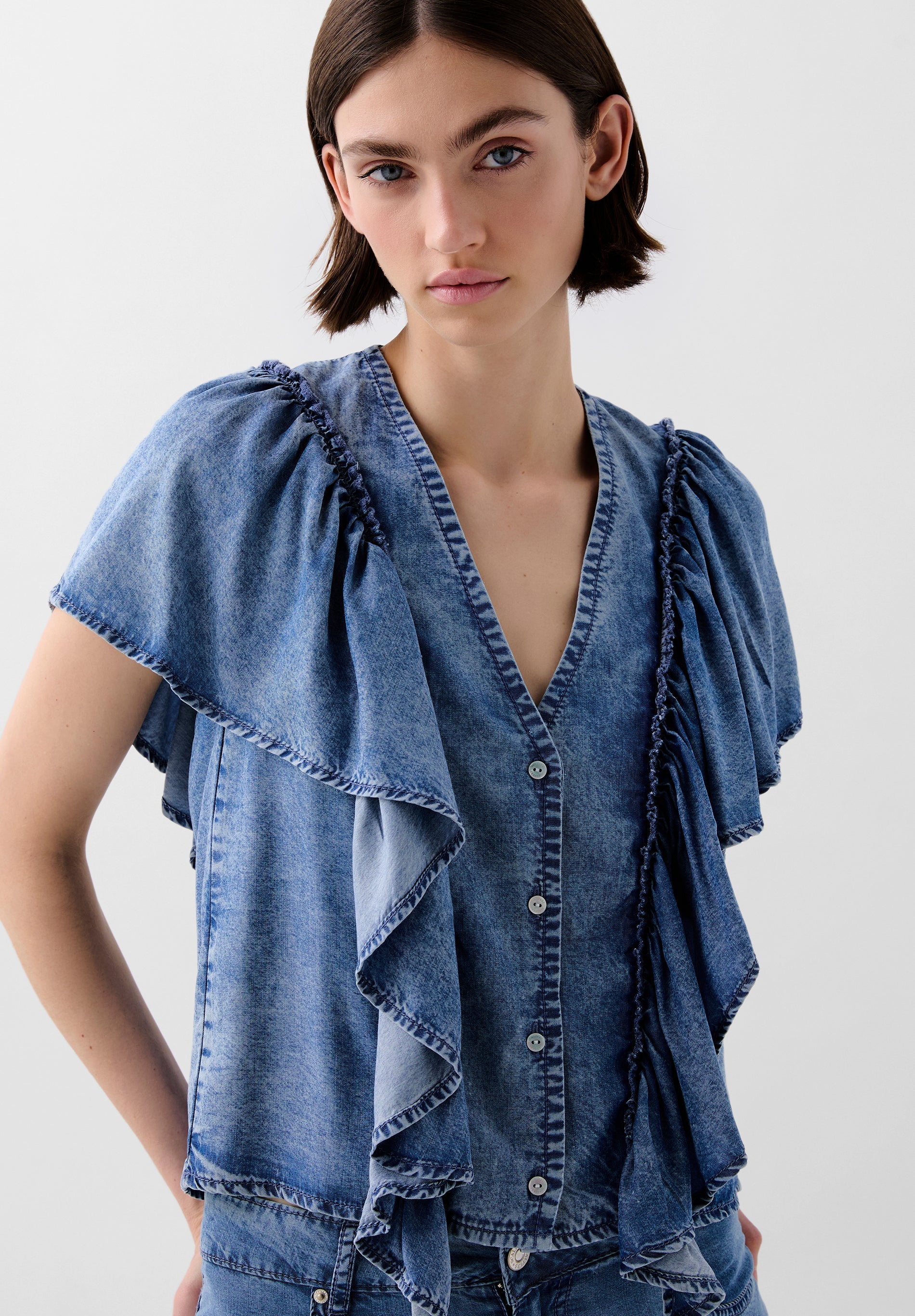 FLUID DENIM SHIRT WITH RUFFLES