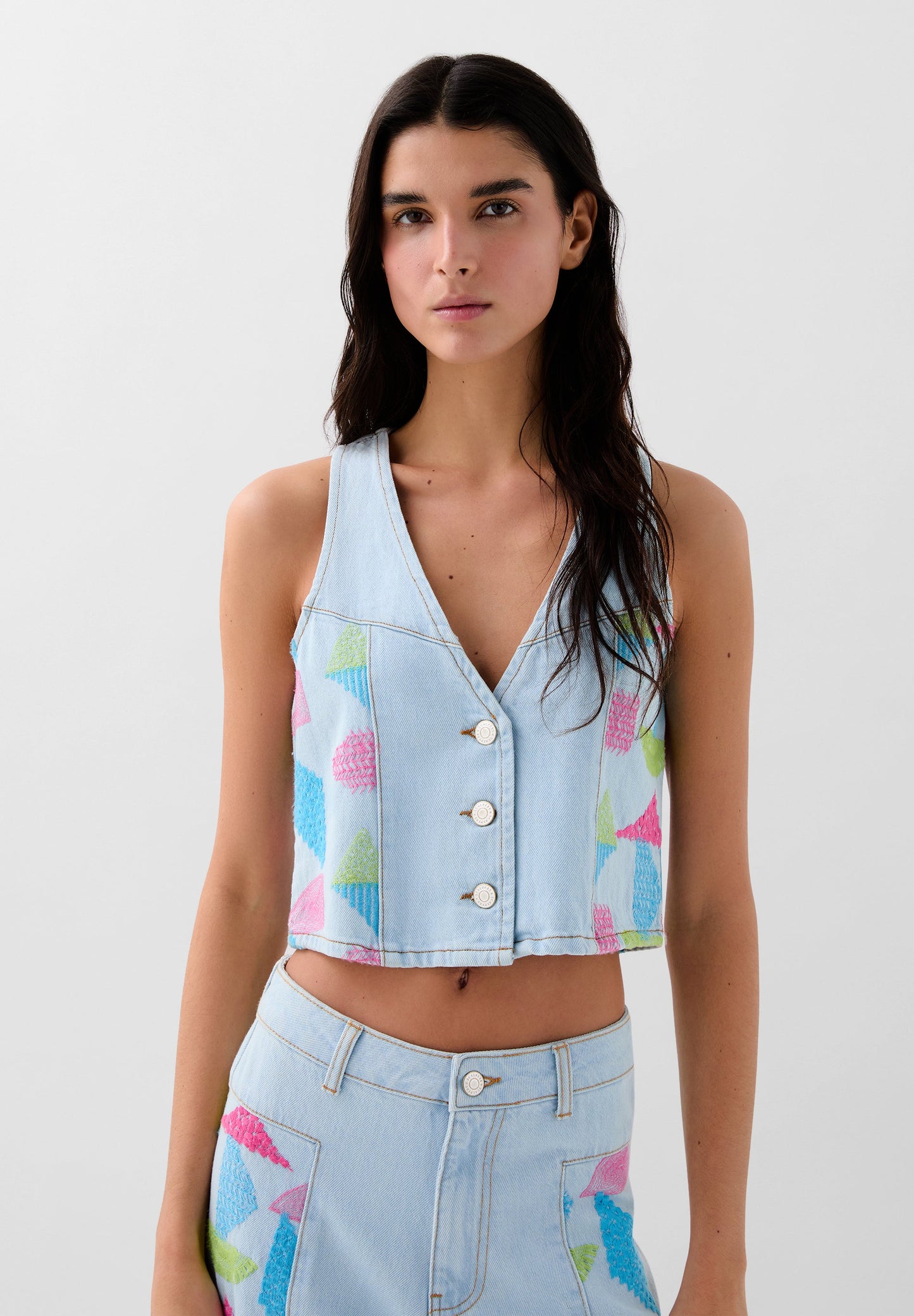 THREE-COLOURED EMBROIDERED DENIM WAISTCOAT