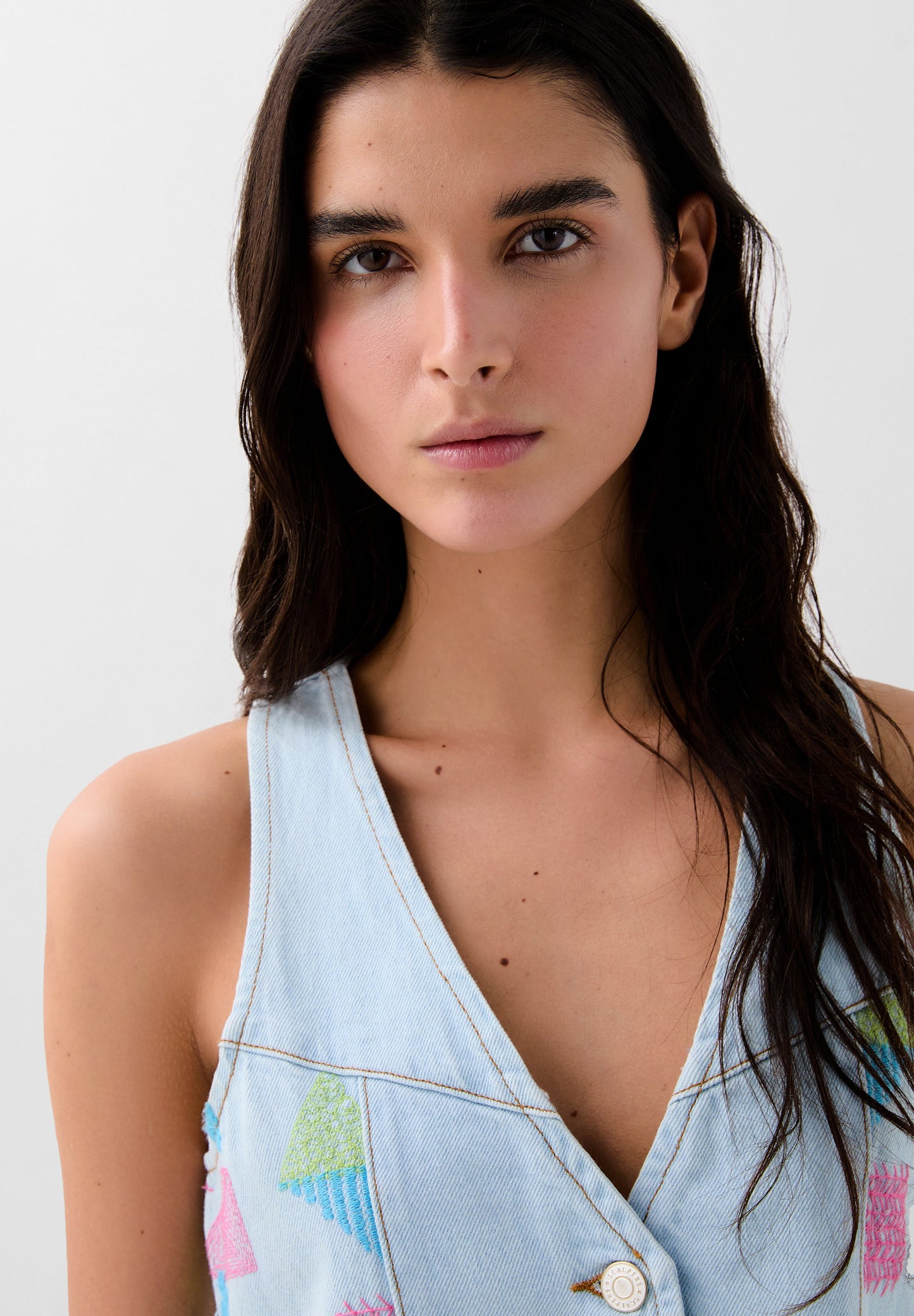 THREE-COLOURED EMBROIDERED DENIM WAISTCOAT