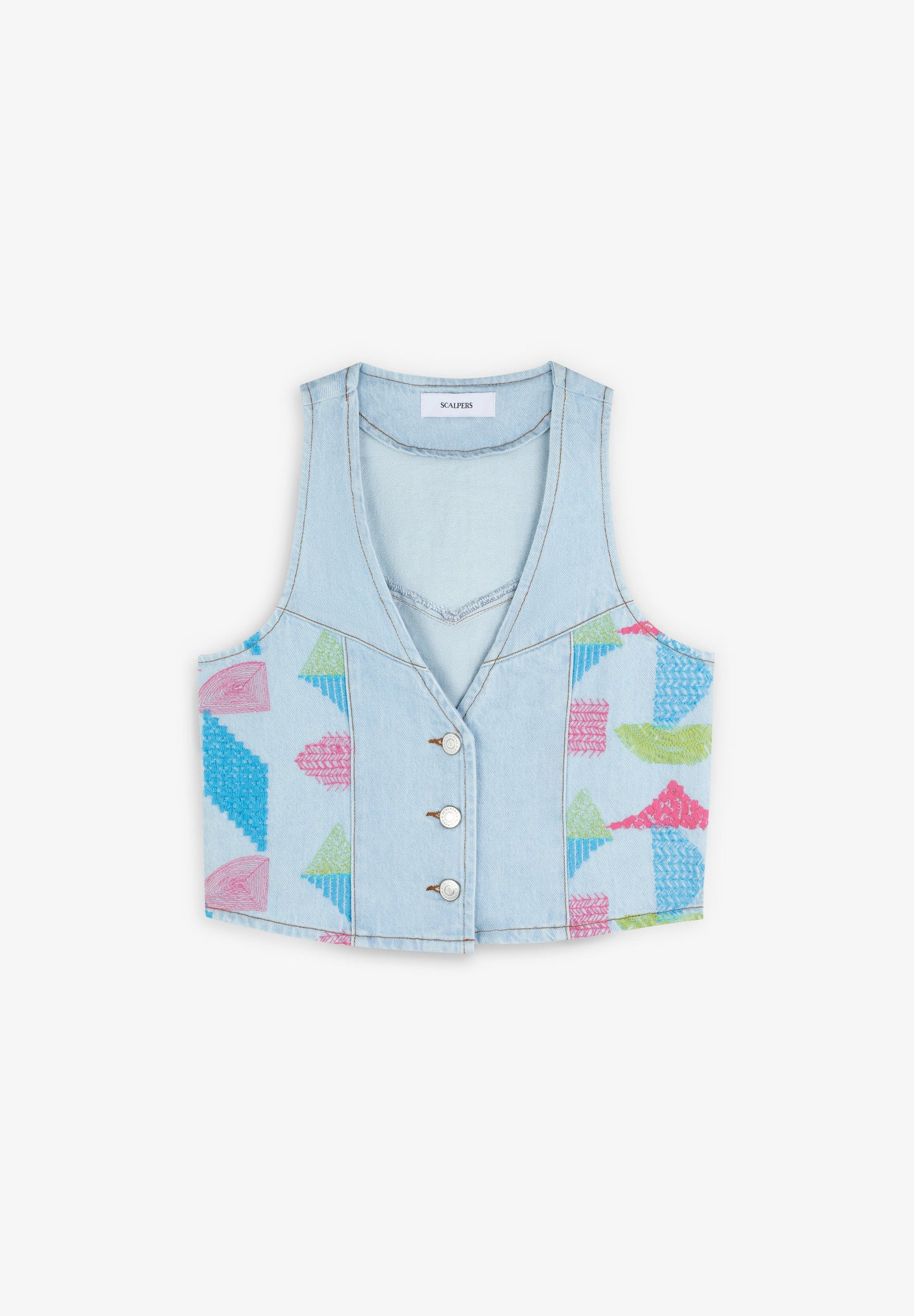 THREE-COLOURED EMBROIDERED DENIM WAISTCOAT