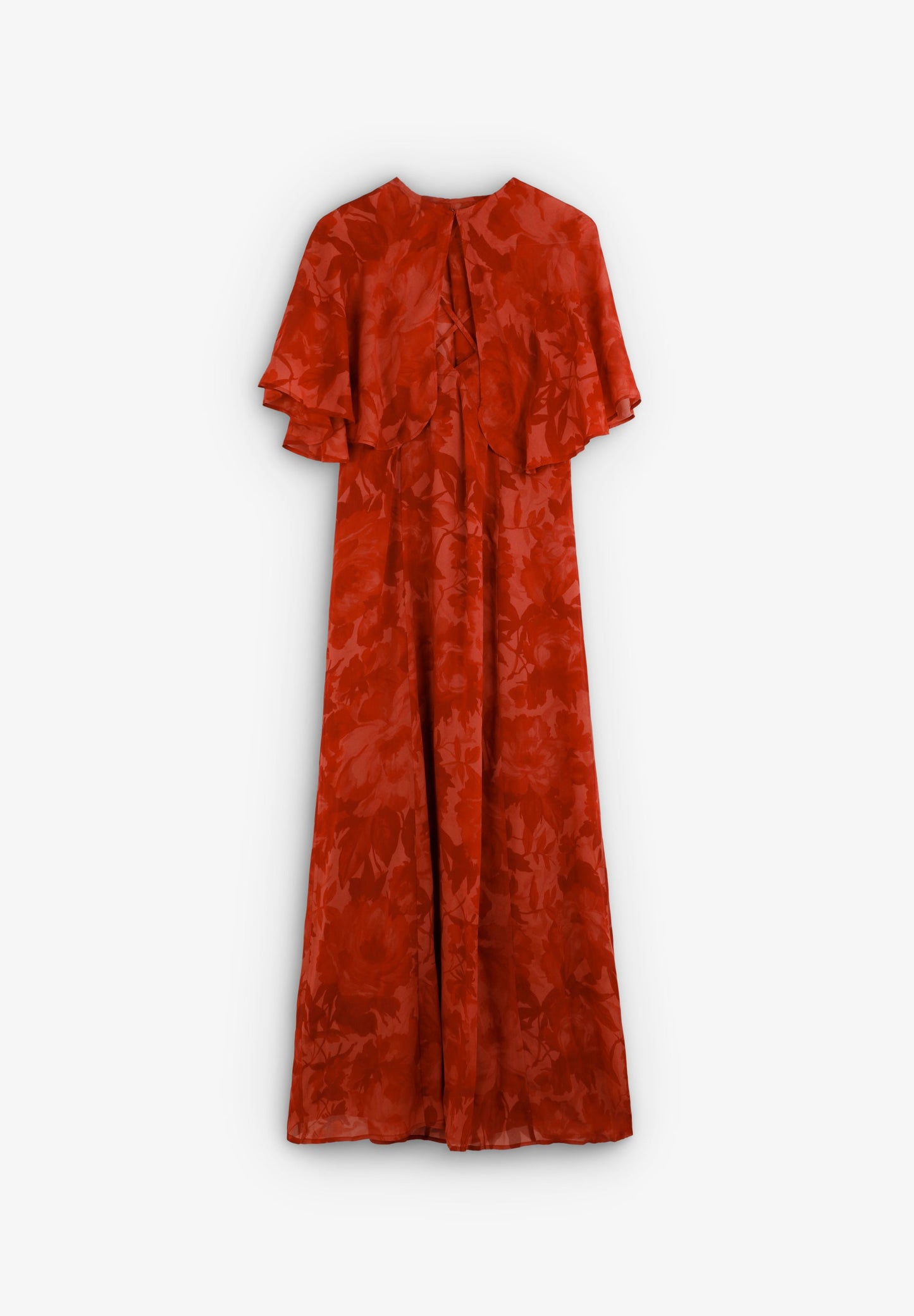 FLOWING PRINTED DRESS WITH CAPE