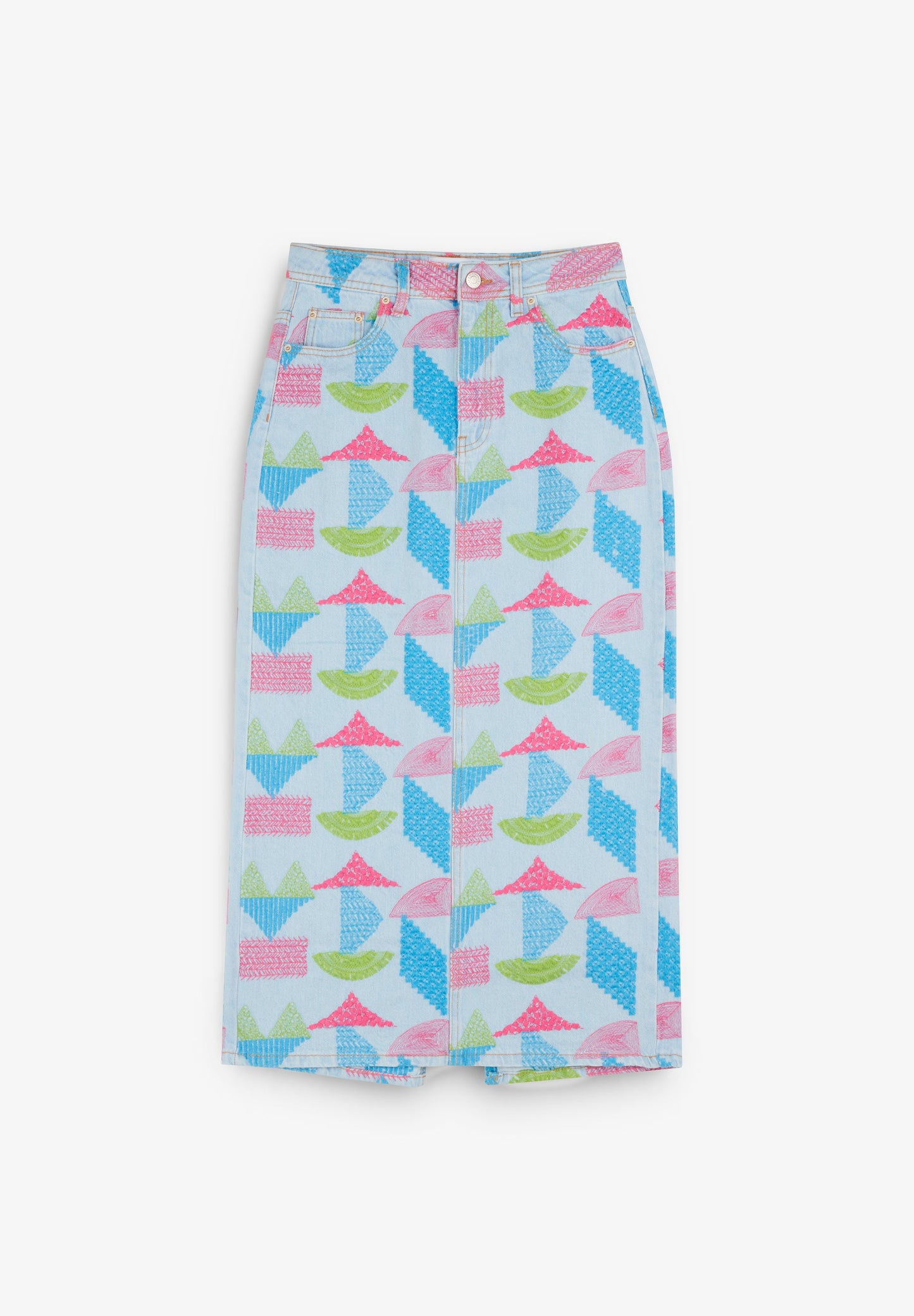 THREE-COLOURED EMBROIDERED DENIM SKIRT
