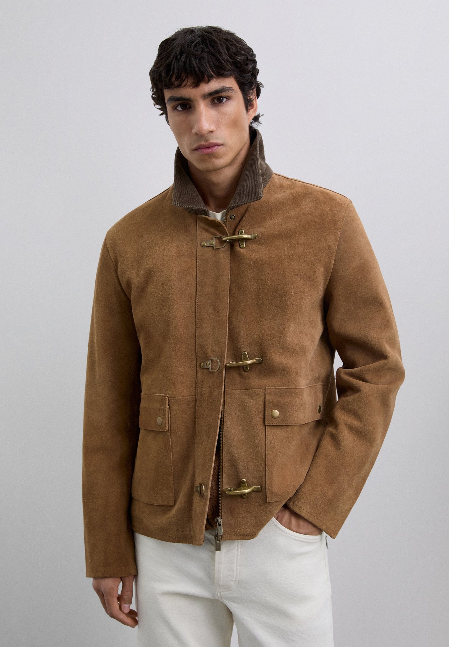 LEATHER JACKET WITH CORDUROY COLLAR