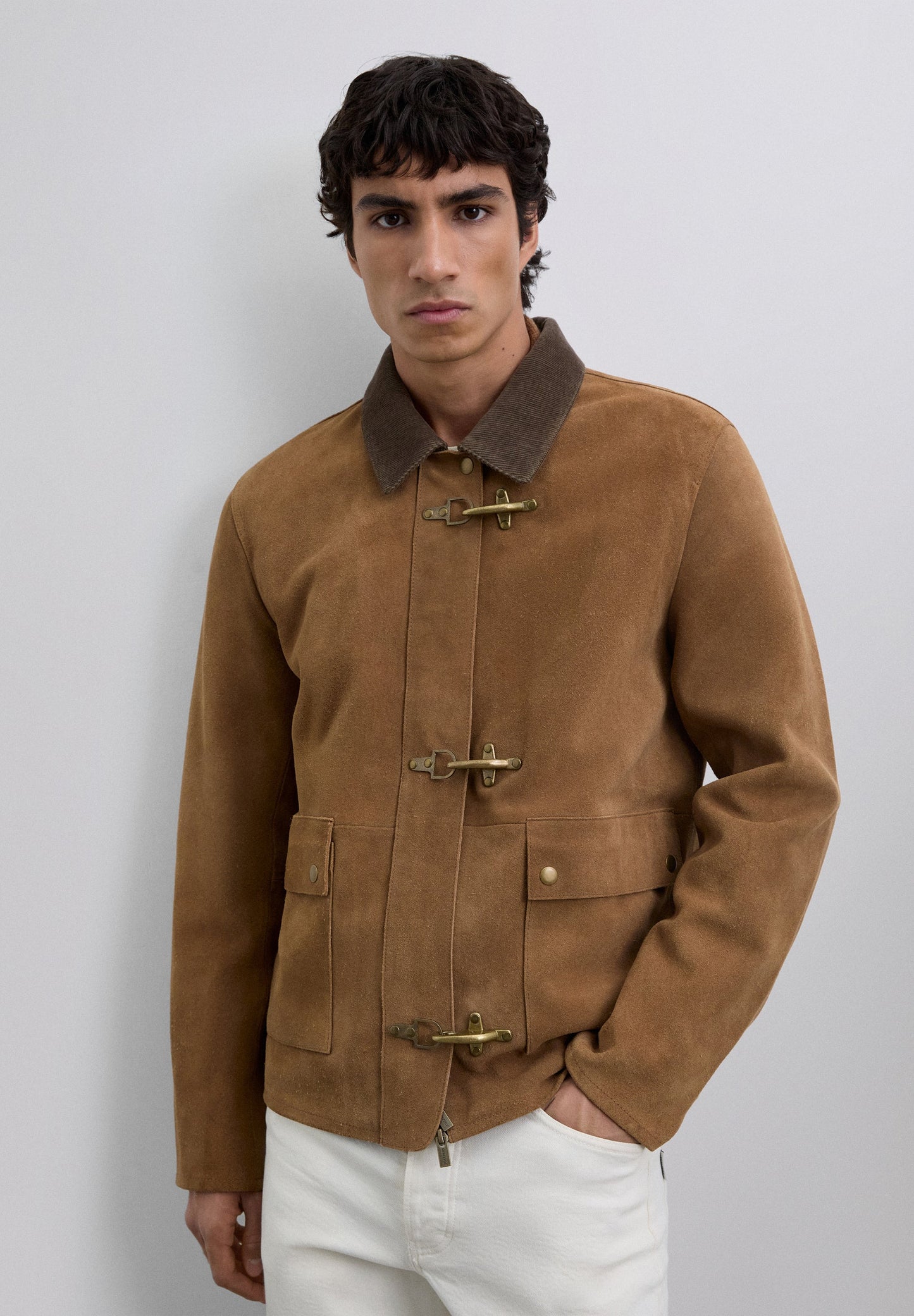 LEATHER JACKET WITH CORDUROY COLLAR