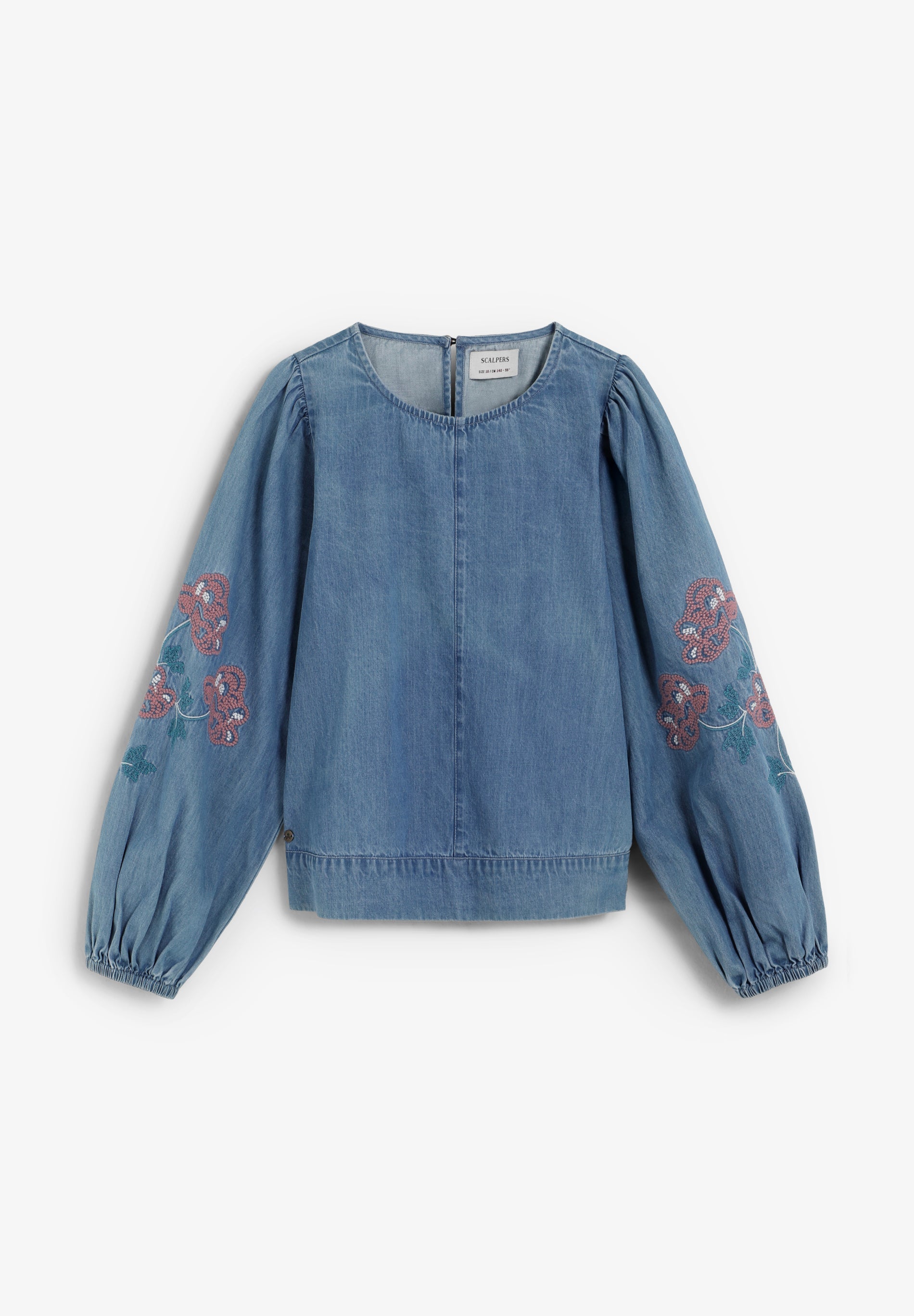 DENIM-BLUSE MIT BLUMENSTICKEREI