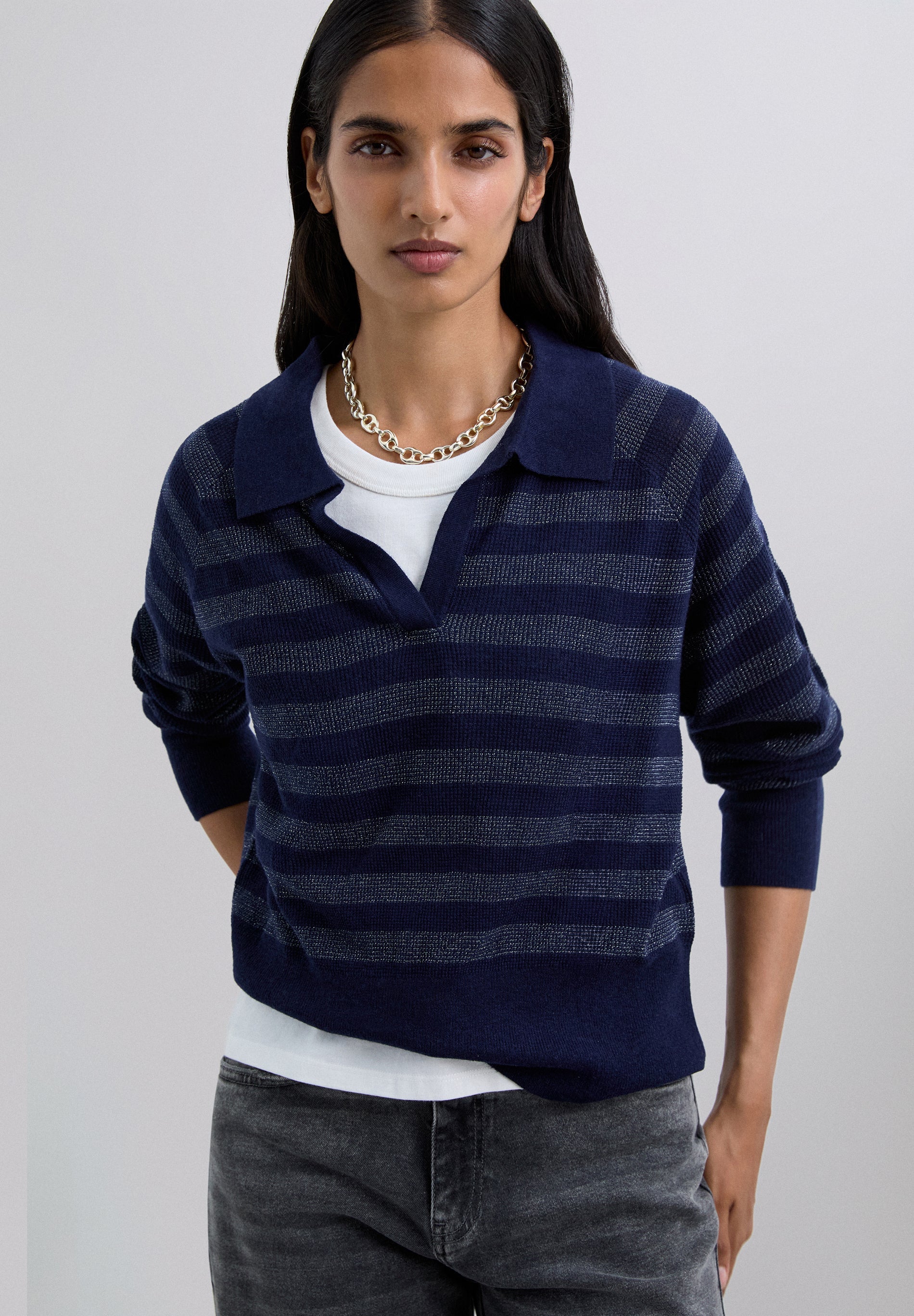METALLIC STRIPE POLO SWEATER
