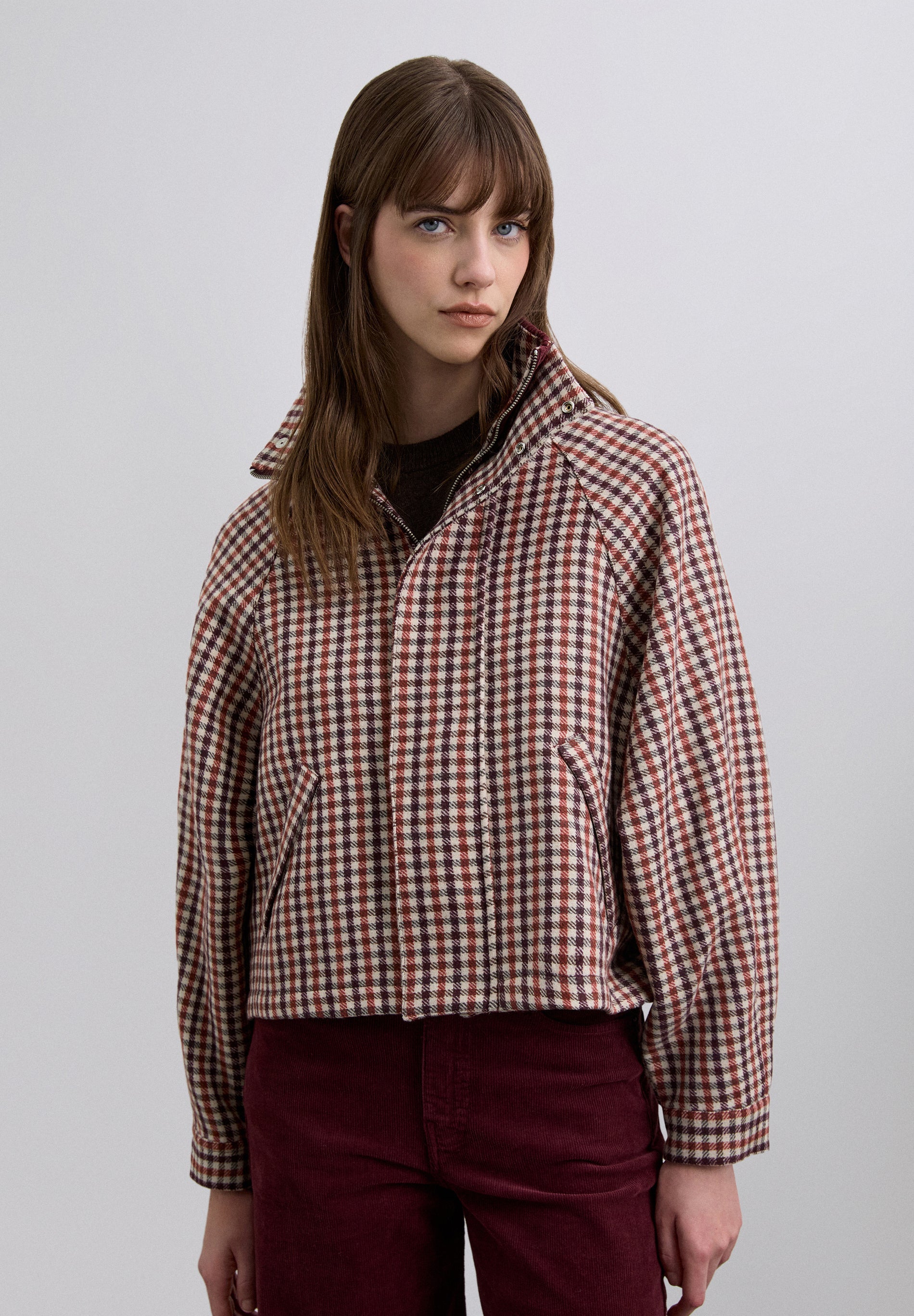 CHECKED BOMBER JACKET WITH CORDUROY COLLAR