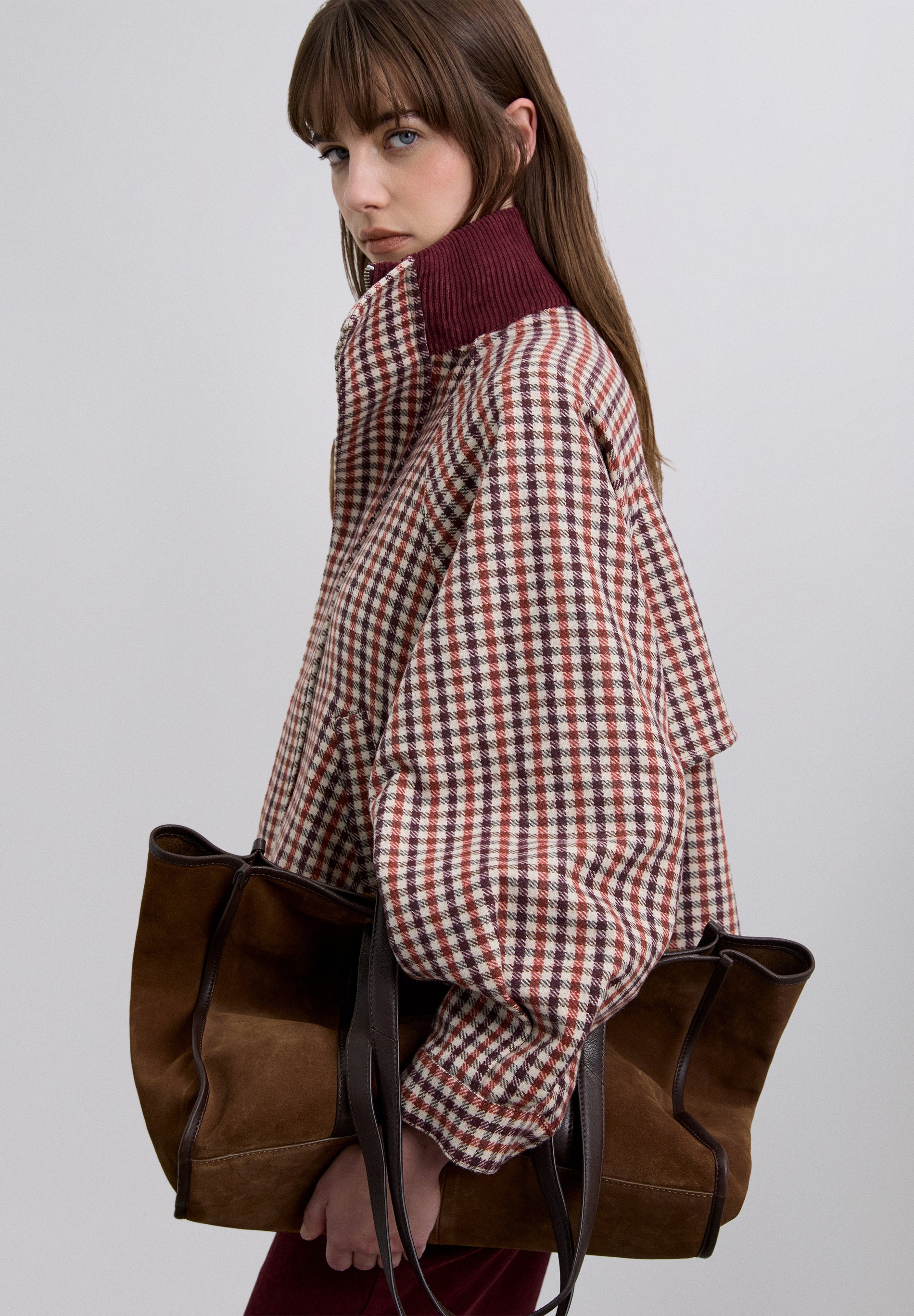 CHECKED BOMBER JACKET WITH CORDUROY COLLAR