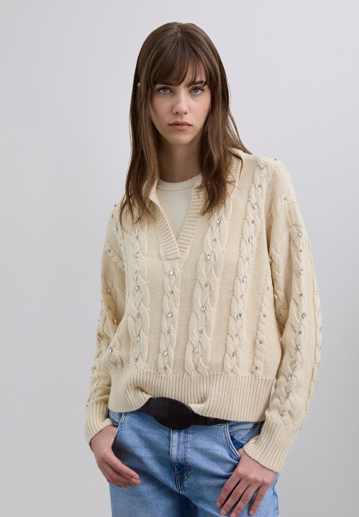 CABLE KNIT POLO SWEATER WITH RHINESTONES
