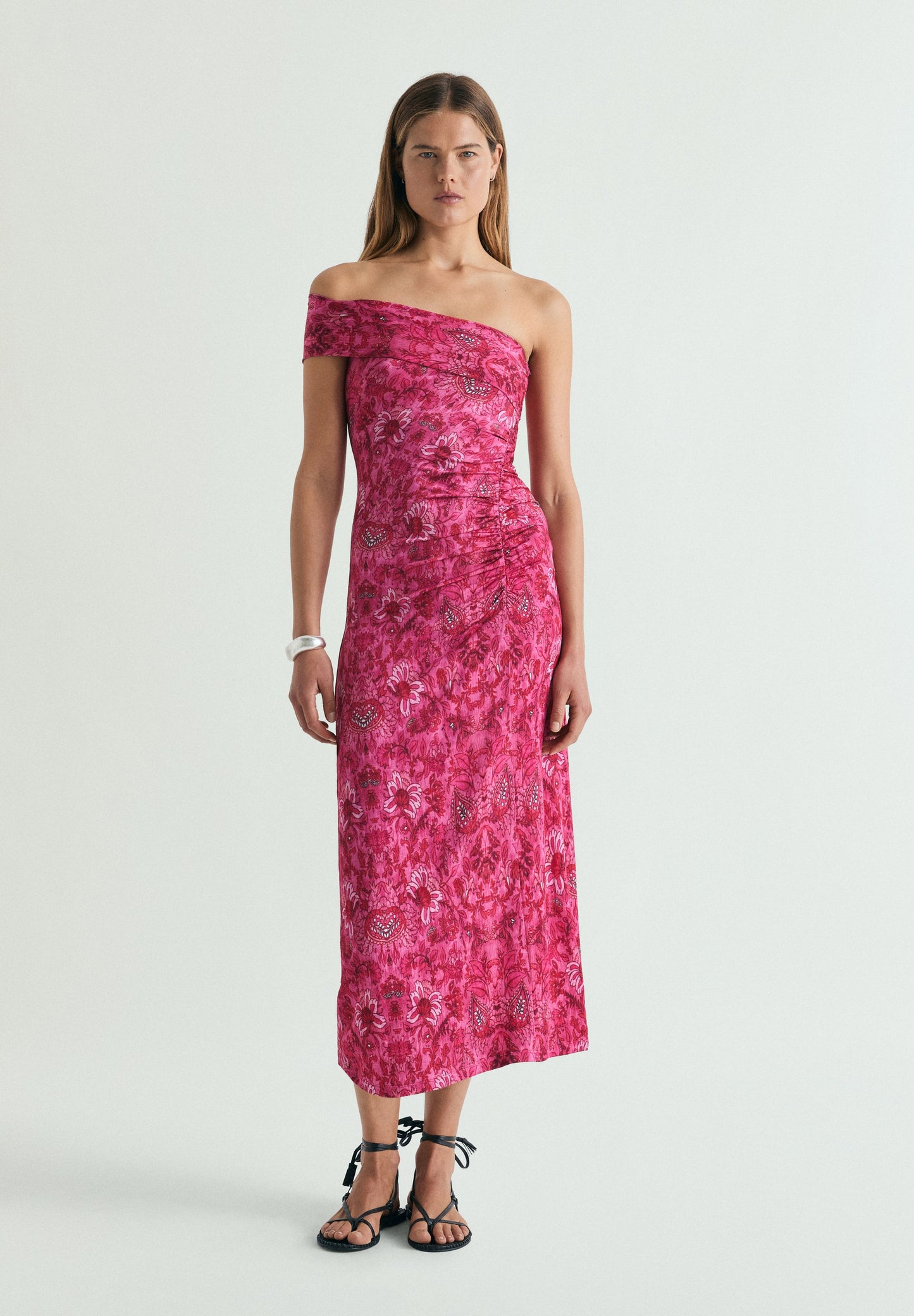 ASYMMETRIC PRINTED MIDI DRESS