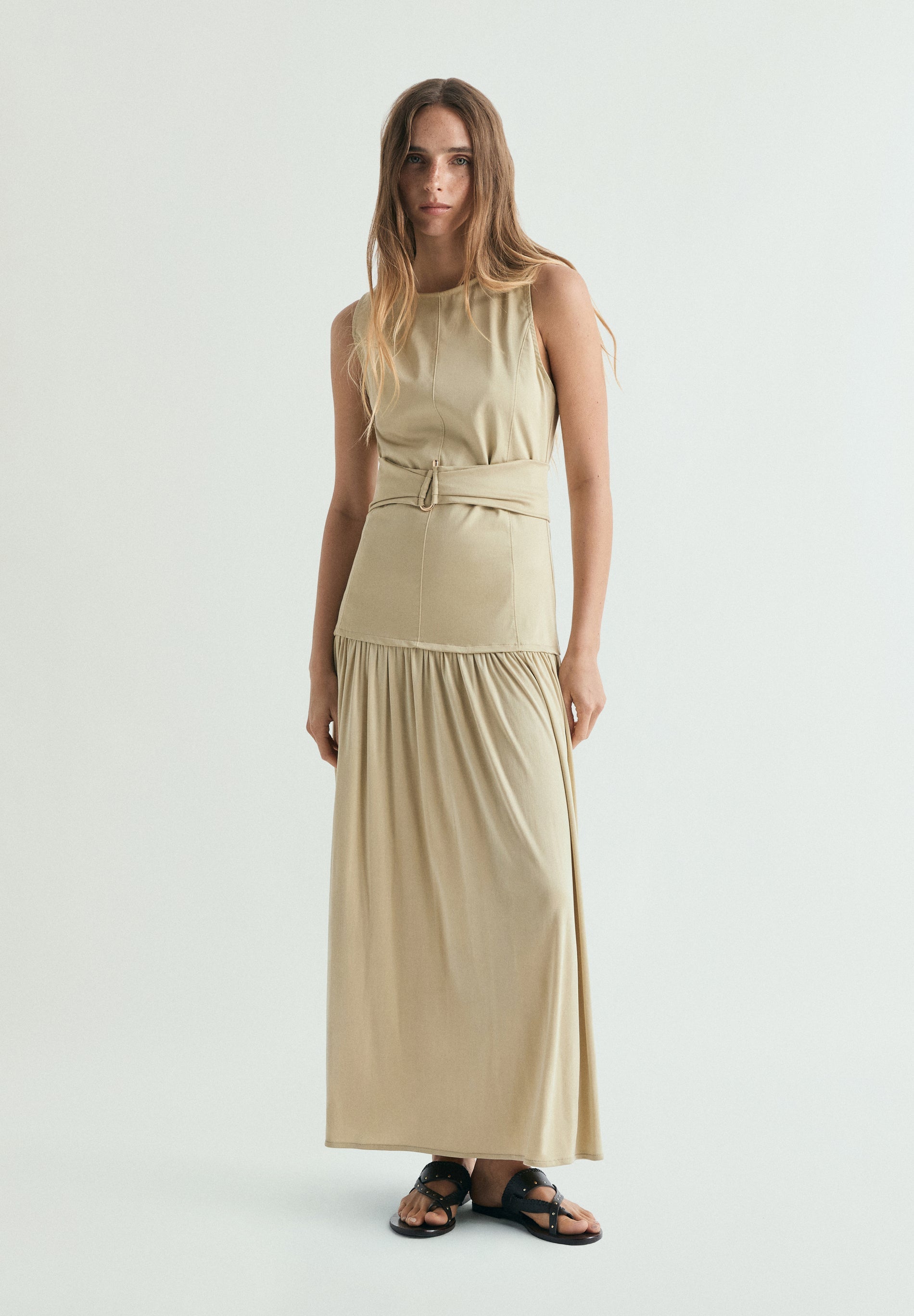 DRAPED MIDI DRESS WITH METAL DETAIL