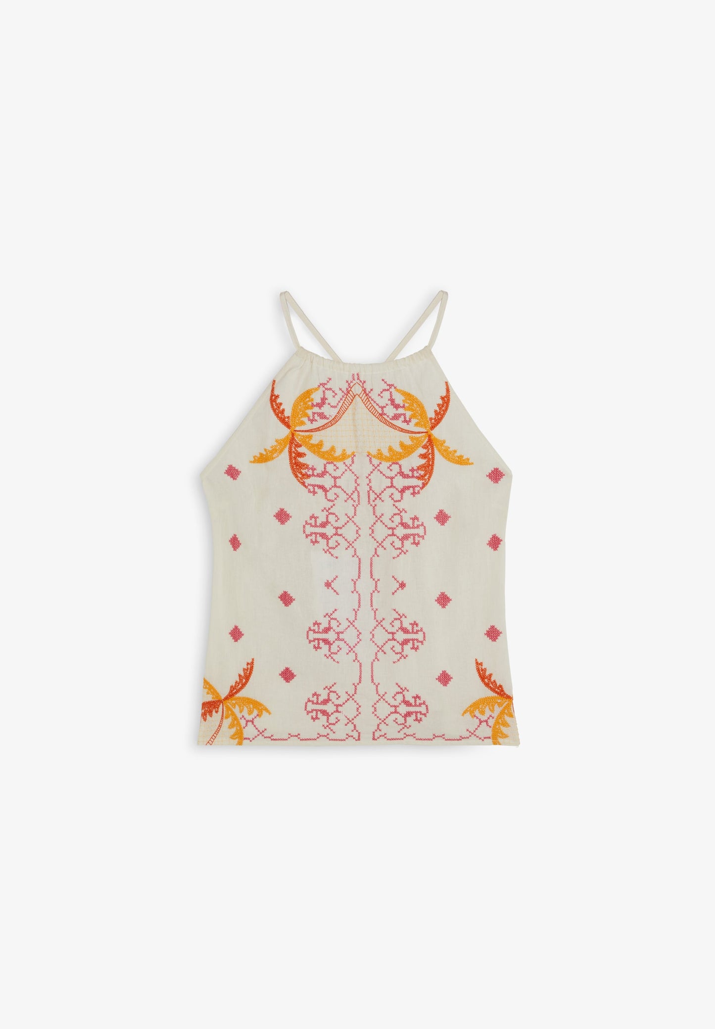 RUFFLED HALTER TOP WITH EMBROIDERY