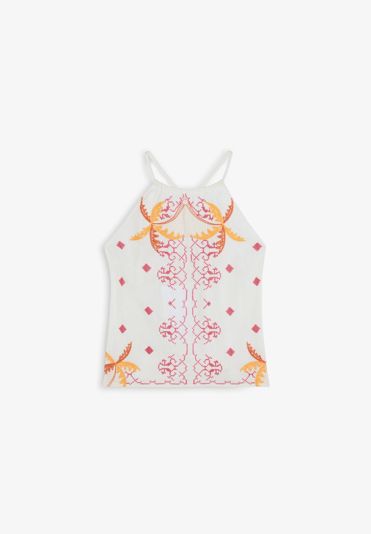 RUFFLED HALTER TOP WITH EMBROIDERY