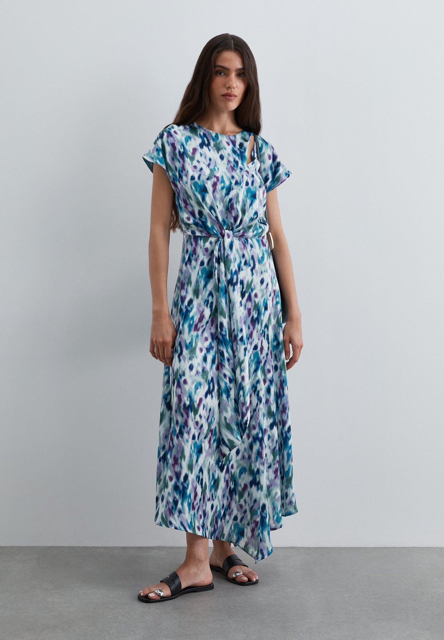 PRINTED MIDI DRESS WITH TIE BELT