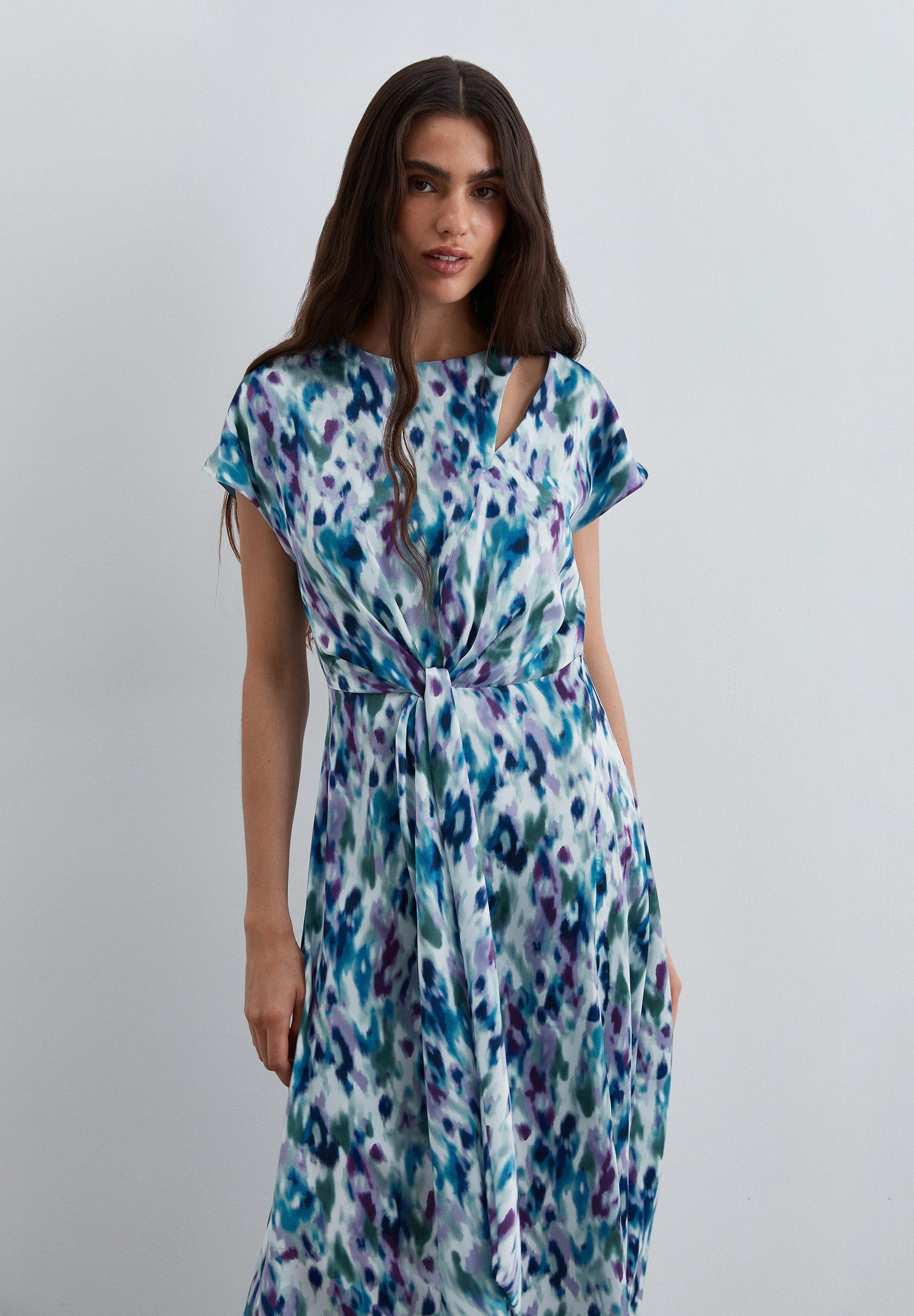 PRINTED MIDI DRESS WITH TIE BELT