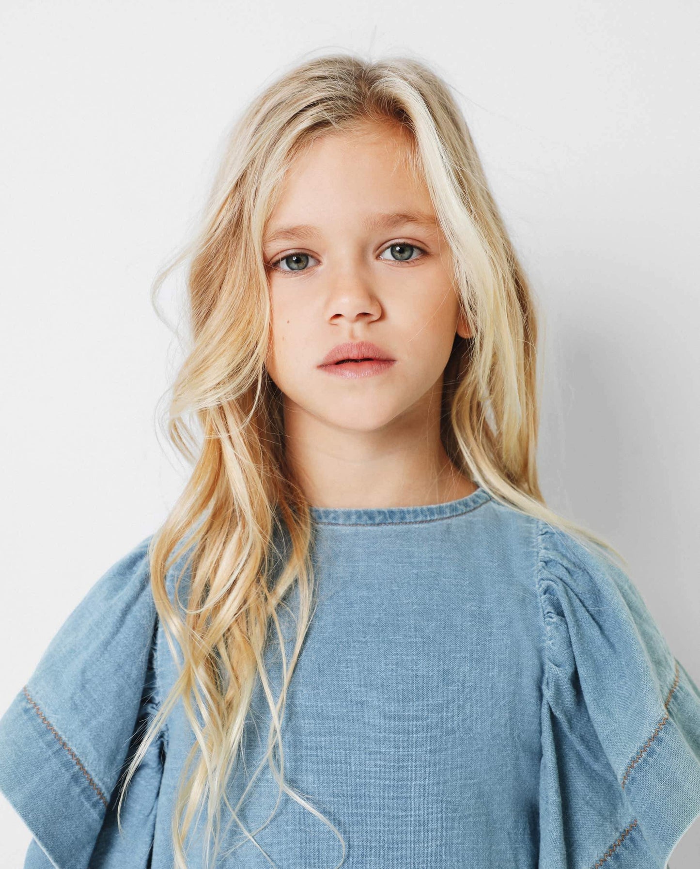 DENIM SHIRT WITH RUFFLED SLEEVES